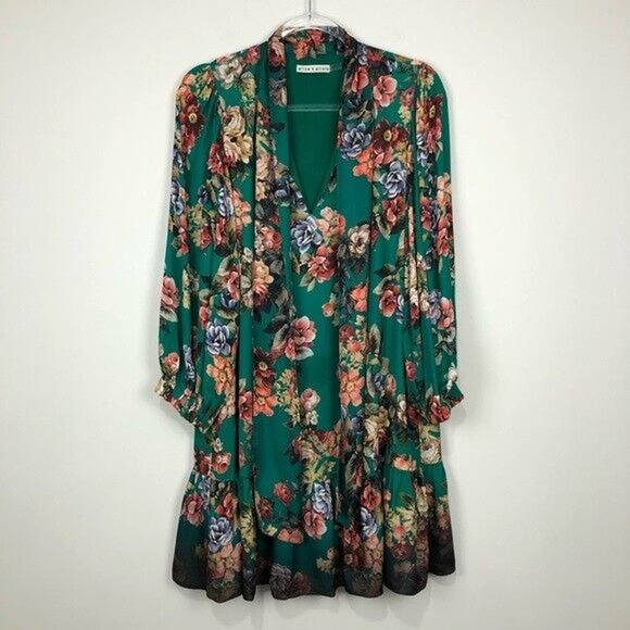 Alice + Olivia Merrilee Floral Tie V Neck Long Sleeve Mini Dress Green R… - Picture 3 of 11
